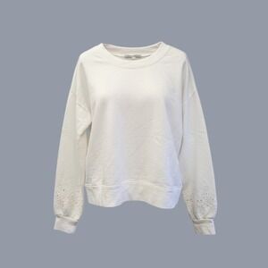 Halogen Womens White Eyelet Sleeve Sweatshirt Crewneck Cotton Blend Small